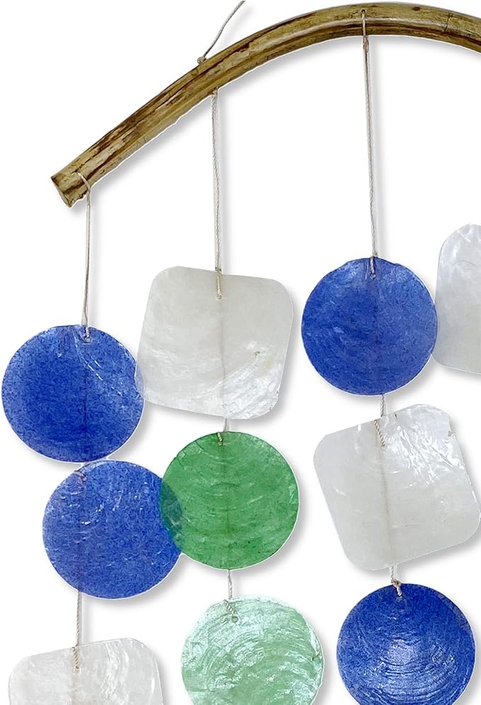 Ocean Capiz Wind Chime Mobile with Bamboo Hanger - 18" Long Blue Green Windchime