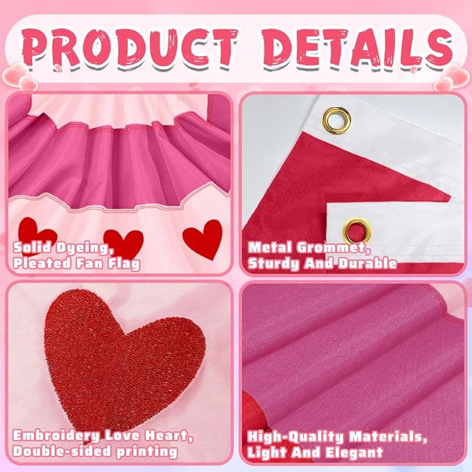 4Pcs Valentine Bunting Flags 2x4Ft Embroidered Love Heart Half Fan Bunting Decor Wedding Season Valentine’s Day Galentine’s Day Outside Banner for Outdoor Porch Garden Fence Décor Engagement Party Anniversary