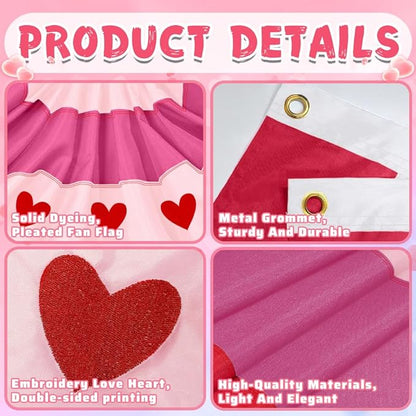 4Pcs Valentine Bunting Flags 2x4Ft Embroidered Love Heart Half Fan Bunting Decor Wedding Season Valentine’s Day Galentine’s Day Outside Banner for Outdoor Porch Garden Fence Décor Engagement Party Anniversary