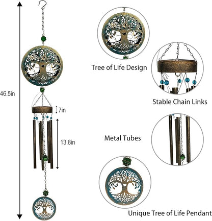 Solar Tree of Life Wind Chimes,46.5" Sympathy Wind Chimes Outdoor Deep Tone Unique for Mom Women Grandma, Memorial Retirement Gifts, Garden Patio Balcony Yard Home Decor