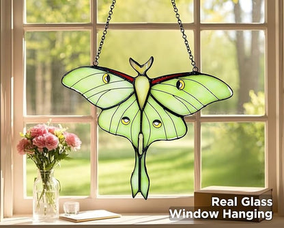 Green Luna Moth Stained Glass Window Hanging - Handmade Real Glass Suncatcher for Women, Mom, Grandma - Elegant Green Butterfly Gifts Box Home Decor (H5.8xW7.3 Inch)