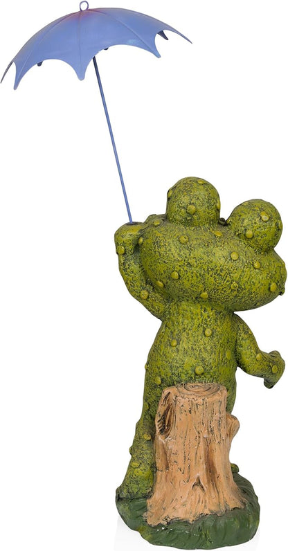 Alpine Corporation QWR1002 Indoor/Outdoor Smiling Frog with Purple Umbrella Garden Statue, Playful Frog Statue, 27" H, Green