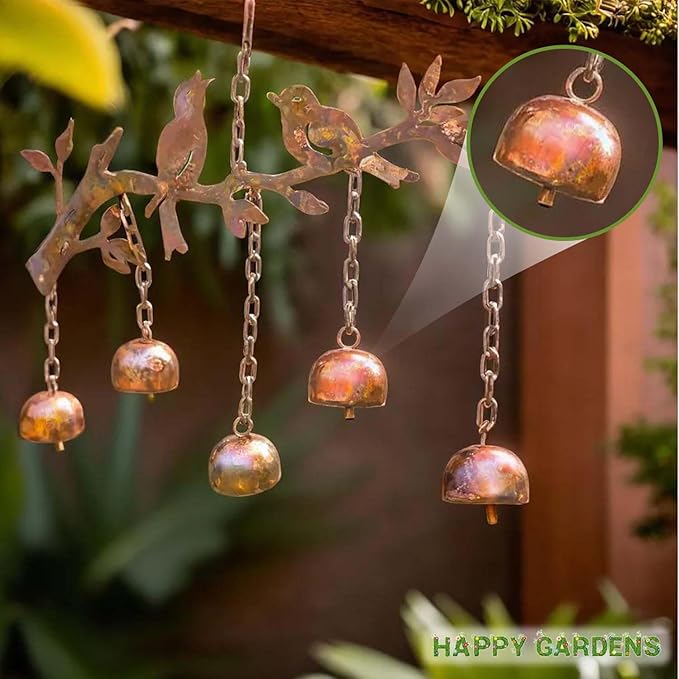Happy Gardens Bird Wind Chimes with Bells | 5 Suspended Bells Windchime with Birds Garden Decor | Mothers Day Outdoor Gifts & Backyard Decorations