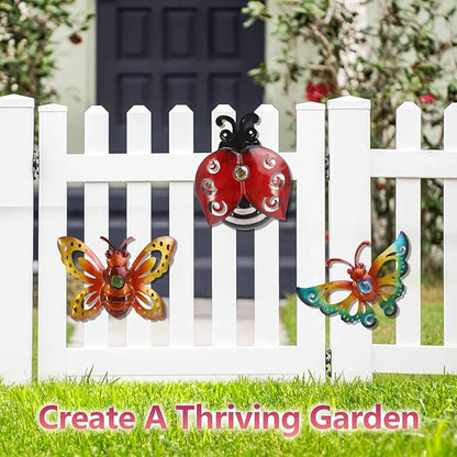 Garden Decor Butterfly Ladybug Bee Metal Wall Art Decor, Wall Decoration Hanging for Home Garden Porch Patio Balcony Ornament for Outdoor Gift, 3 Pack 9 Inch