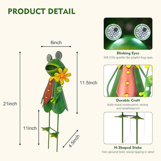 HONGLAND Solar Frog Garden Statue with Blinking LED Eyes, 21“ Metal Frog Yard Decorations Outdoor for Patio Backyard Garden Decor, Unique Birthday Housewarming Gifts for Women Mom Grandma
