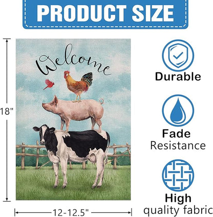 Dyrenson Welcome Summer Rooster Pig Cow Cardinal Farm Decorative Garden Flag, Country Yard Outside Decoration, Spring Farmhouse Outdoor Small Decor 12x18