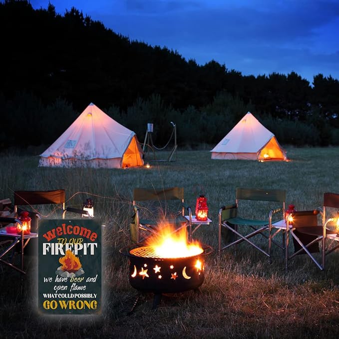 Yniaun Decor Funny Patio Decor Vintage Camping Metal Tin Signs for Camper Decoration Gifts 12 X 8 Inches Indoor Outdoor & Firepit Accessories Welcome to Our Fire Pit - What Could Possibly Go Wrong