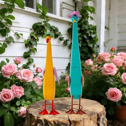 22" Duck Garden Statue Set of 2 Metal Ducks, Duck Outdoor Decor with Stakes Animal Yard Art Sculptures for Patio Porch Lawn Backyard