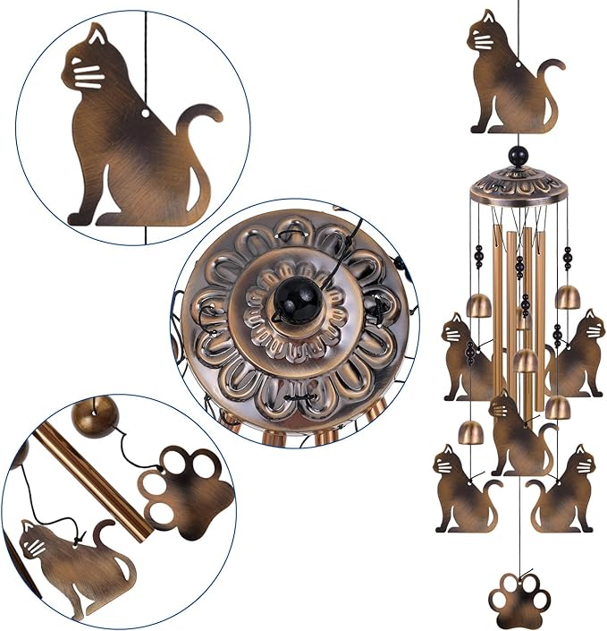 Bronze Cats Wind Chimes for Garden/Home/Balcony/Lawn/Tree/Yard/Indoor/Outside Decoration, Retro Wind Catcher, Cat Decor, Blessing Wind Bells, Memorial WindChimes Gifts for Mom, Grandma, Woman, Friend