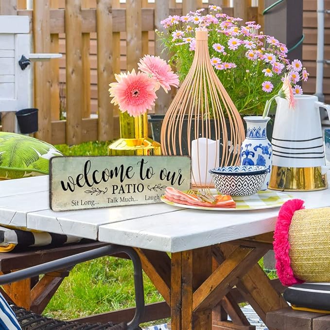 Patio Signs Welcome To Our Patio Sign Wooden Hanging Patio Wall Decor Rustic Patio Sign Outdoor Decoration For Patio, Porch, Front Door, Garden Decor, 16''x5''