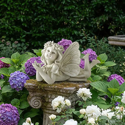 Lying Fairy Garden Statue with Bird – Resin Angel Figurine for Outdoor Garden Decor, Fairy Garden Sculpture for Yard, Patio or Flower Bed – 11" Garden Fairy Figurine