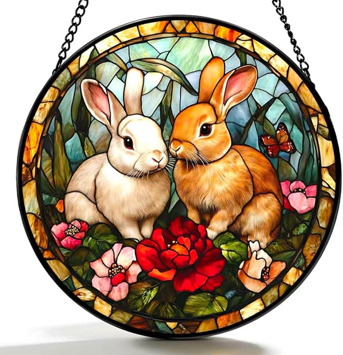 Funoasis Stained Glass Window Hanging 6.3 Inches Suncatcher - Two Rabbits On The Grass in The Forest Ornaments Sun Catcher Home Decor Women Birthday