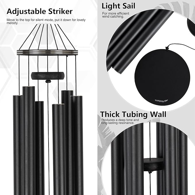 Vanquer Wind Chimes for Outside Deep Tone - 48'' Wind Chimes Outdoor Clearance, Deep Tone, Memorial WindChimes, Outdoor Décor, Wind Spinner, Sympathy Gift, Patio, Home Décor (Black)