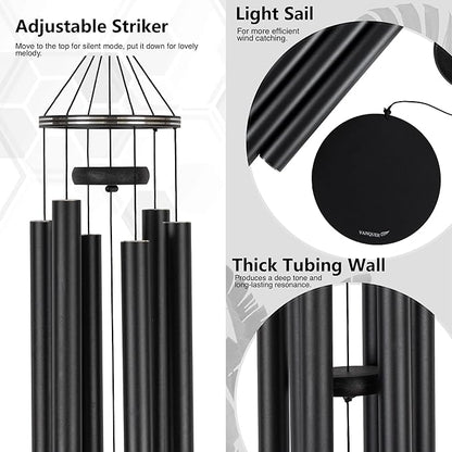 Vanquer Wind Chimes for Outside Deep Tone - 48'' Wind Chimes Outdoor Clearance, Deep Tone, Memorial WindChimes, Outdoor Décor, Wind Spinner, Sympathy Gift, Patio, Home Décor (Black)