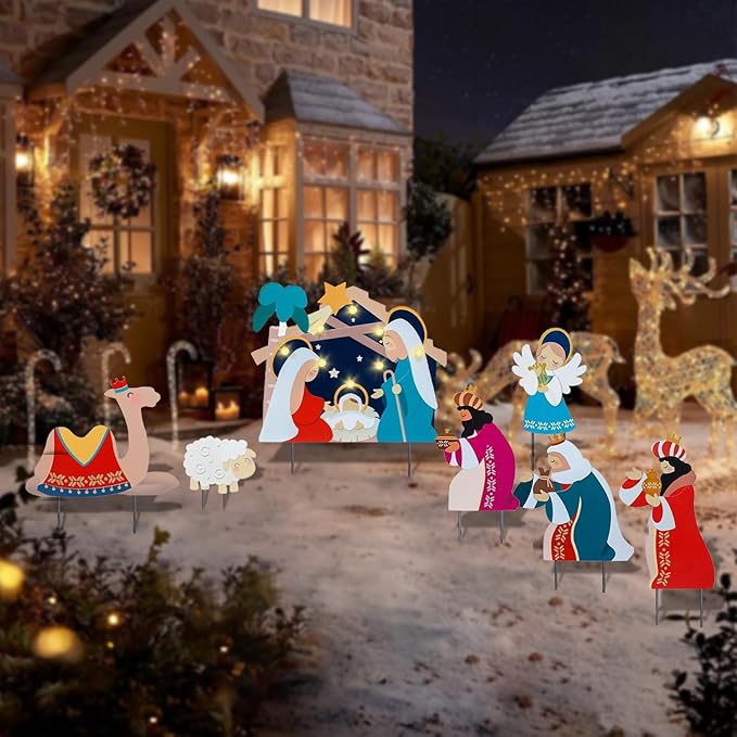 Afirst Christmas Yard Stakes Nativity Scene Outdoor Decoration Lighted Holy Nativity Scene Yard Signs 7 Pcs Jesus Birth Manger Sets for Lawn Pathway Outdoor Decoration