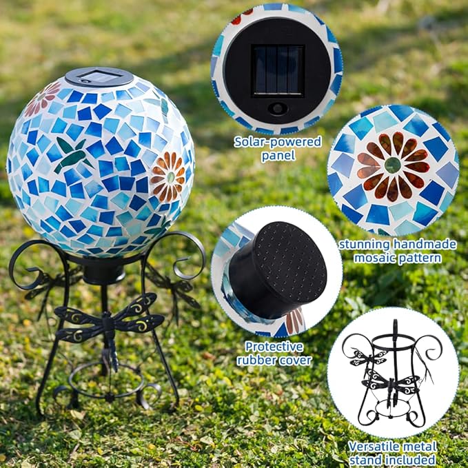 Stargarden Solar Gazing Ball, 10" Mosaic Gazing Ball,Glass Gazing Globe with Metal Stand, Decorative Solar Globes for Patio, Lawn, Garden Decor