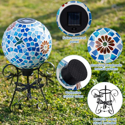 Stargarden Solar Gazing Ball, 10" Mosaic Gazing Ball,Glass Gazing Globe with Metal Stand, Decorative Solar Globes for Patio, Lawn, Garden Decor