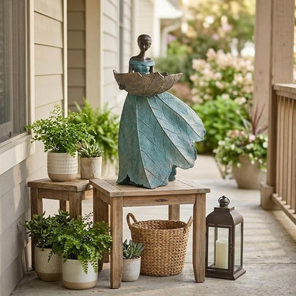 DiliComing Fairy Garden Statues Bird Feeder - 12 Inch Resin Fairy Statue for Outdoor Garden Decor, Outdoor Statues for Patio Yard Flower Beds, Gifts for Women (Green)