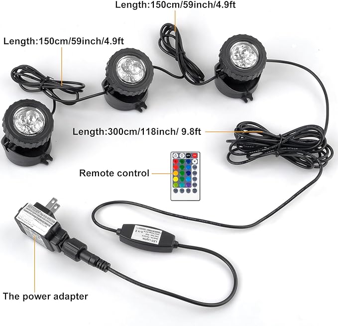 RGB Pond Lights with Timer, LED Underwater Submersible Colorful Landscape Spotlights, 98ft Remote Control IP68 Waterproof Fountain Lights for Fish Aquarium Tank Garden Yard Pool (Set of 3)