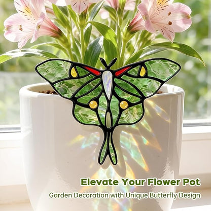 Luna Moth Sun Catcher Stained Glass - IDEA SHOW Handmade Real Glass Suncatcher Ornaments, Elegant Green Butterfly Memorial Gifts Design for Indoor and Outdoor Plant Decoration, Plant Lovers Gifts