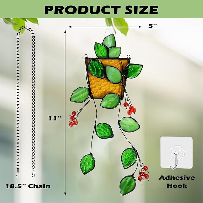 Plant Stained Glass,Stained Glass Window Hanging,Real Handmade Suncatcher,Artificial Green Plants Decor for Women Mom Grandma Plant Lovers,Sun Catcher for Home Windows