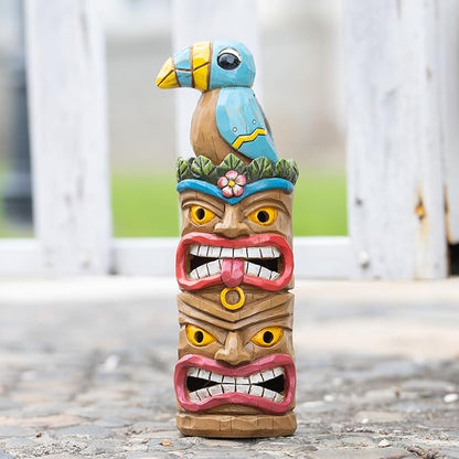 Tiki Statue Totem Pole Decor- 12.32 inch Tall Solar Powered Garden Figurine Tiki Decorations for Tiki Bar Outdoor Patio Balcony Lawn Yard Backyard