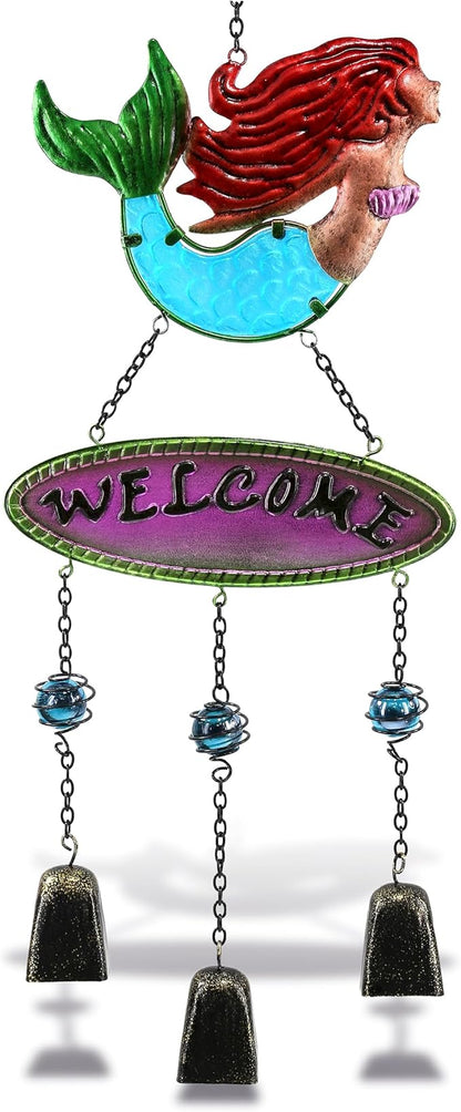 CoTa Global Mermaid Wind Chime - Handmade Glass and Metal Chime - Ocean Life Hanging Decor - Colorful Home Decor Gift, Indoor and Outdoor Hanging Decoration for Porch, Patio, and Garden - 25.5 Inches