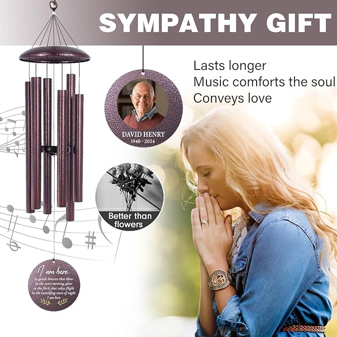 ASTARIN 32 in Wind Chimes for Loss of Loved One, Personalized Photo Wind Chime, Bereavement Gifts for Loss of Father, Sorry for Your Loss Gifts, Condolences Windchime, Produced in USA