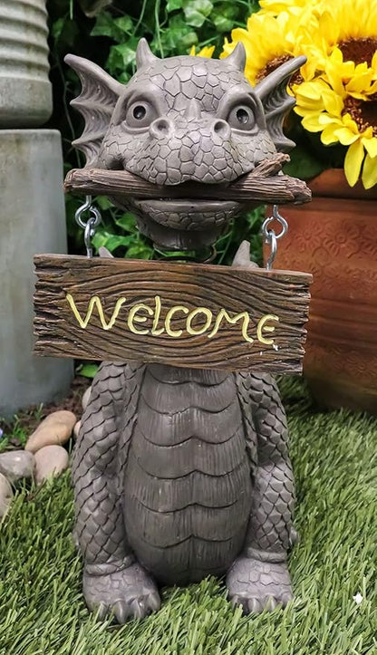 Ebros Gift Bienvenidos Welcome Sign Dragon Garden Greeter Bobblehead Statue Faux Stone Resin Finish 13.25" H