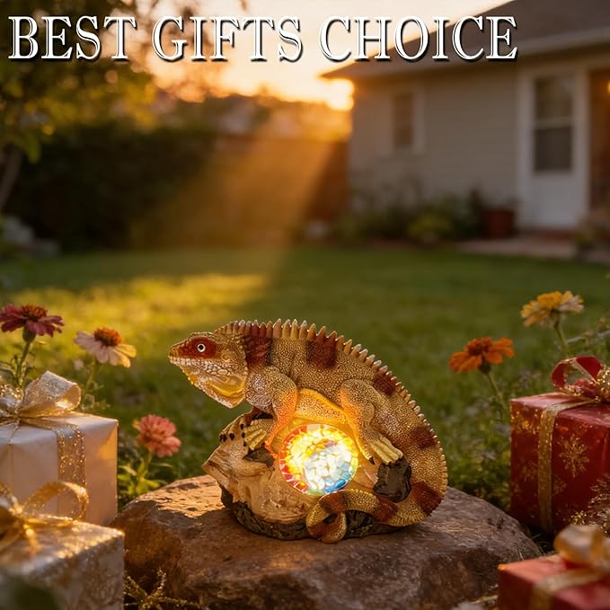 Solar Chameleon Garden Statues Decor for Outdoor, Khaki Chameleon Figurine Lights for Lawn Patio Yard Decoration - Unique Christmas Housewarming Gifts for Grandma Wowen Mom