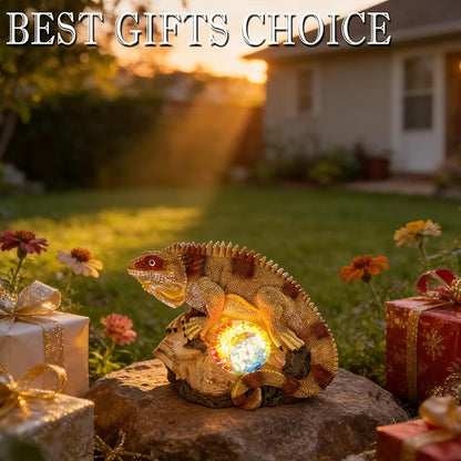 Solar Chameleon Garden Statues Decor for Outdoor, Khaki Chameleon Figurine Lights for Lawn Patio Yard Decoration - Unique Christmas Housewarming Gifts for Grandma Wowen Mom