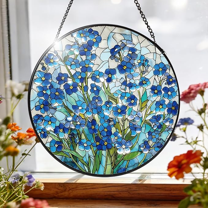 Stained Glass Window Hanging, Forget Me Not Flower Stained Glass Suncatcher, Window Decor Forget Me Not Plant Lover Gift for Women, Couples, Best Friend, Family, Colleague, Classmate 7.8 Inch