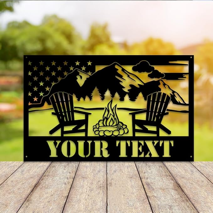 MeMate Outdoor Decor - US Flag Metal Sign with Mountain, Personalized for Backyard Porch Deck, Custom Name Signs for Garden Pool, Large for Outside, Housewarming Gift