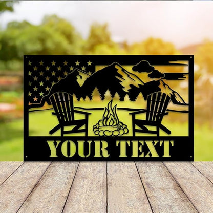 MeMate Outdoor Decor - US Flag Metal Sign with Mountain, Personalized for Backyard Porch Deck, Custom Name Signs for Garden Pool, Large for Outside, Housewarming Gift
