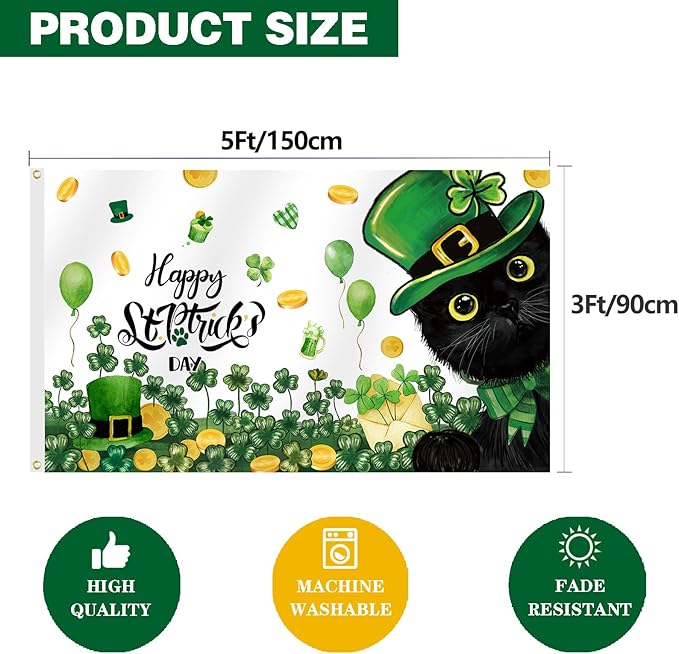SENSEVEN St Patricks Day Black Cat Flags for Outside 3x5 Ft, Spring Shamrock Green Flag, Clover Spring Yard Flag Kitten Holiday Outdoor Banner for Farmhouse Decor, St Patrick's Day Party Supplies