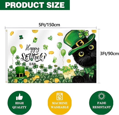SENSEVEN St Patricks Day Black Cat Flags for Outside 3x5 Ft, Spring Shamrock Green Flag, Clover Spring Yard Flag Kitten Holiday Outdoor Banner for Farmhouse Decor, St Patrick's Day Party Supplies