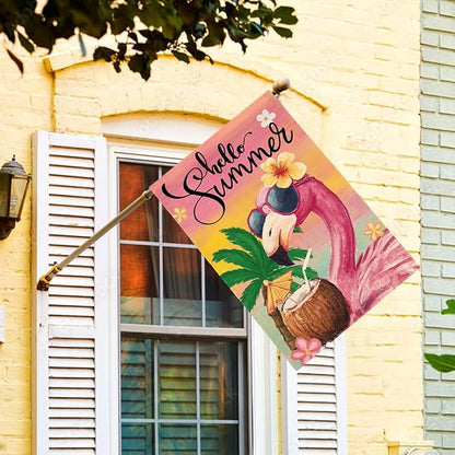 AVOIN colorlife Hello Summer Flamingo House Flag 28x40 Inch Double Sided Outside, Coastal Seasonal Yard Outdoor Flag