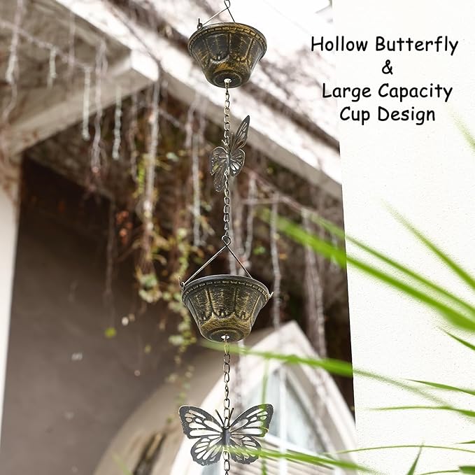 8.5FT Rain Chains for Gutters Downspouts, Butterfly and Cup Rain Gutter Chain, Functional and Decorative Replacement Rainchains for Downspout, Metal Rain Catcher Chimes for Outside, Vintage Copper