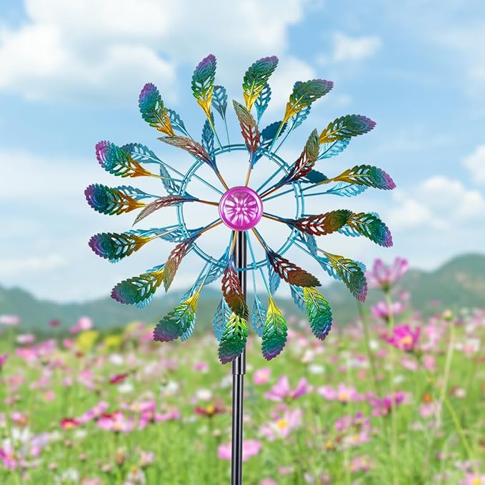 DREAMSOUL 64" Tall Peacock Feather Wind Spinners Outdoor 360° Rotation Metal Windmill for Yard Kinetic Wind Spinner