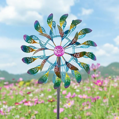 DREAMSOUL 64" Tall Peacock Feather Wind Spinners Outdoor 360° Rotation Metal Windmill for Yard Kinetic Wind Spinner