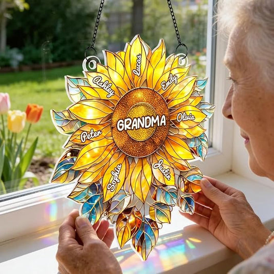 Personalized Grandma Mom Sunflower Acrylic Sun Catcher Gift for Mothers Day, Custom Grandkids Names Window Hanging Decor Ornament Gift for Mama Nana, Faux Stained Glass Ocean Decor