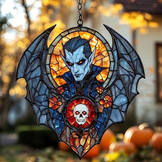 Dracula Halloween Acrylic Suncatcher Stained Glass Effect Window Car Hanging Christmas Ornament Indoor Outdoor Decor Garden Sun Catcher Panel for Halloween Lover for Women Mom Grandma