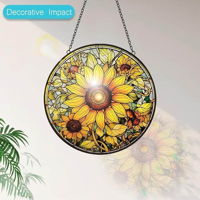 Sunflower Decor Suncatcher Stained Glass Window Hanging - 8” Handmade Suncatchers for Windows Hanging - Sun Catchers Wall Home Garden Decor Glass Panels - Mothers Day Birthday Gifts for Mom Grandma