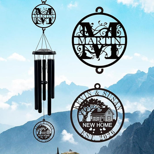 Personalized New Home Wind Chimes, 37" Large Deep Tone Wind Chime with Custom Name & Initial Metal Sign, Housewarming Gift for New Homeowners Couples, Established Date, Outdoor Garden Patio Decor