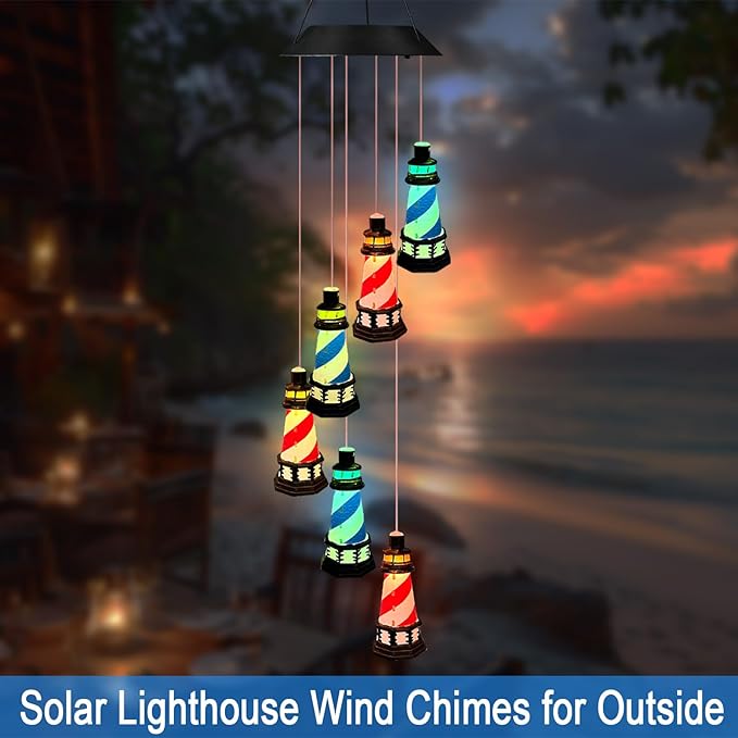 Solar Lighthouse Wind Chimes,YY Gardenia Hanging Lights Outdoor Garden Decoration,Lighthouse Gifts for Women,Yard,Outside,Porch,Patio