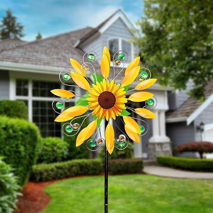 Sunflower Wind Spinner for Garden, Double Wind Sculpture Sunflower Wind Spinner for Garden Patio Yard Decor
