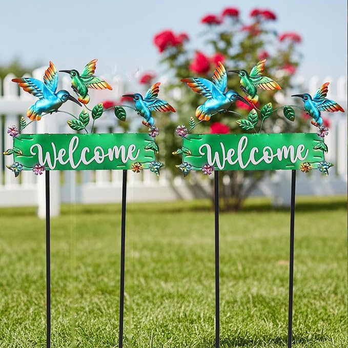41.7inch Hummingbird Garden Stake for Yard, Lawn, Pathway, Hummingbird Outdoor Decor with Metal Welcome Yard Sign for Grandma's Garden Lawn Art Decorations