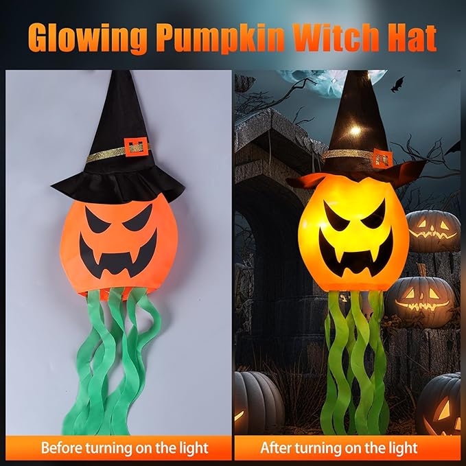 Cuorung Halloween Decorations Outdoor Decor Hanging Lighted Glowing Pumpkin Witch Hat with 3 Modes Lighted Up Scary Orange Halloween Decorations for Indoor Outside Party Yard Tree Garden (6Pcs)