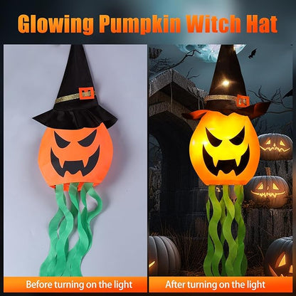 Cuorung Halloween Decorations Outdoor Decor Hanging Lighted Glowing Pumpkin Witch Hat with 3 Modes Lighted Up Scary Orange Halloween Decorations for Indoor Outside Party Yard Tree Garden (6Pcs)