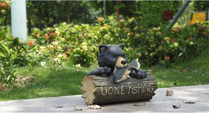 HI-LINE Bear with Gone Fishing Sign Outdoor Garden Statue - 12.25" - Black